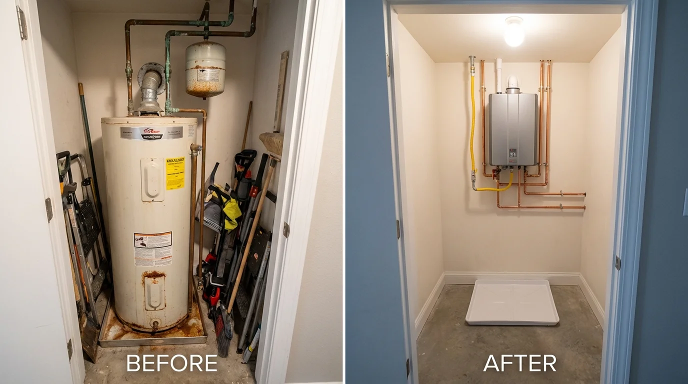 Tank water heater versus wall-mounted tankless unit comparison for Rosedale, MD homeowners