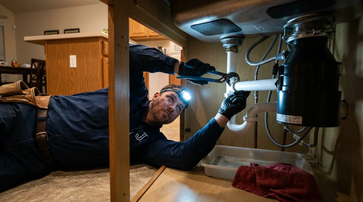 P-trap and supply line connections under a kitchen sink showing a common leak point in Rosedale, MD